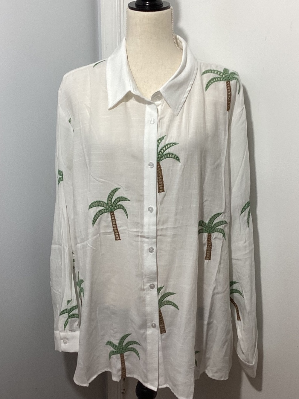 NWT NOTATIONS 3X WHITE BUTTON-DOWN SHIRT PALMS EMBROIDERY BEACH VACATION RESORT